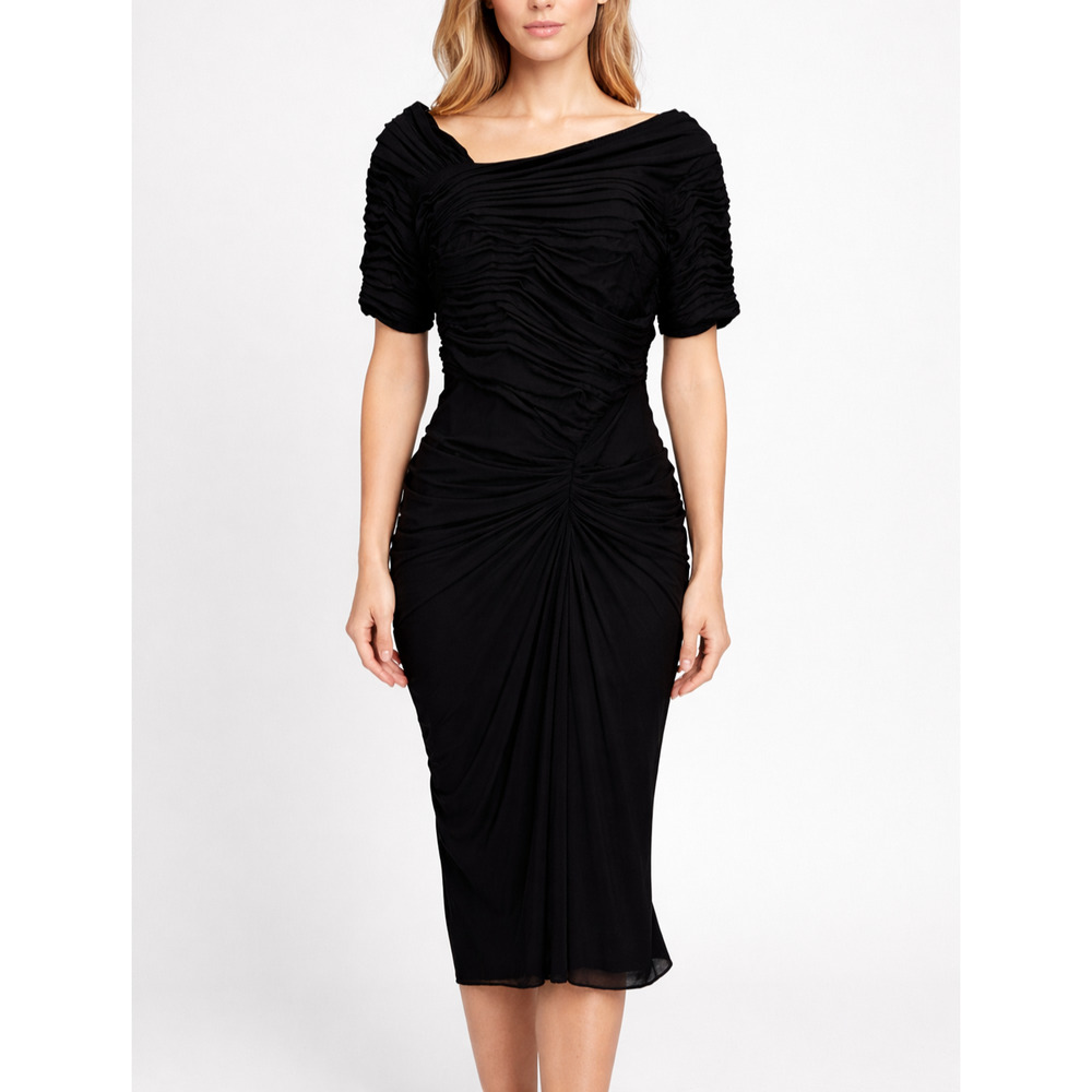 Tadashi Shoji Dress Womens Petite Medium Black Ruched Asymmetrical Mesh Cocktail